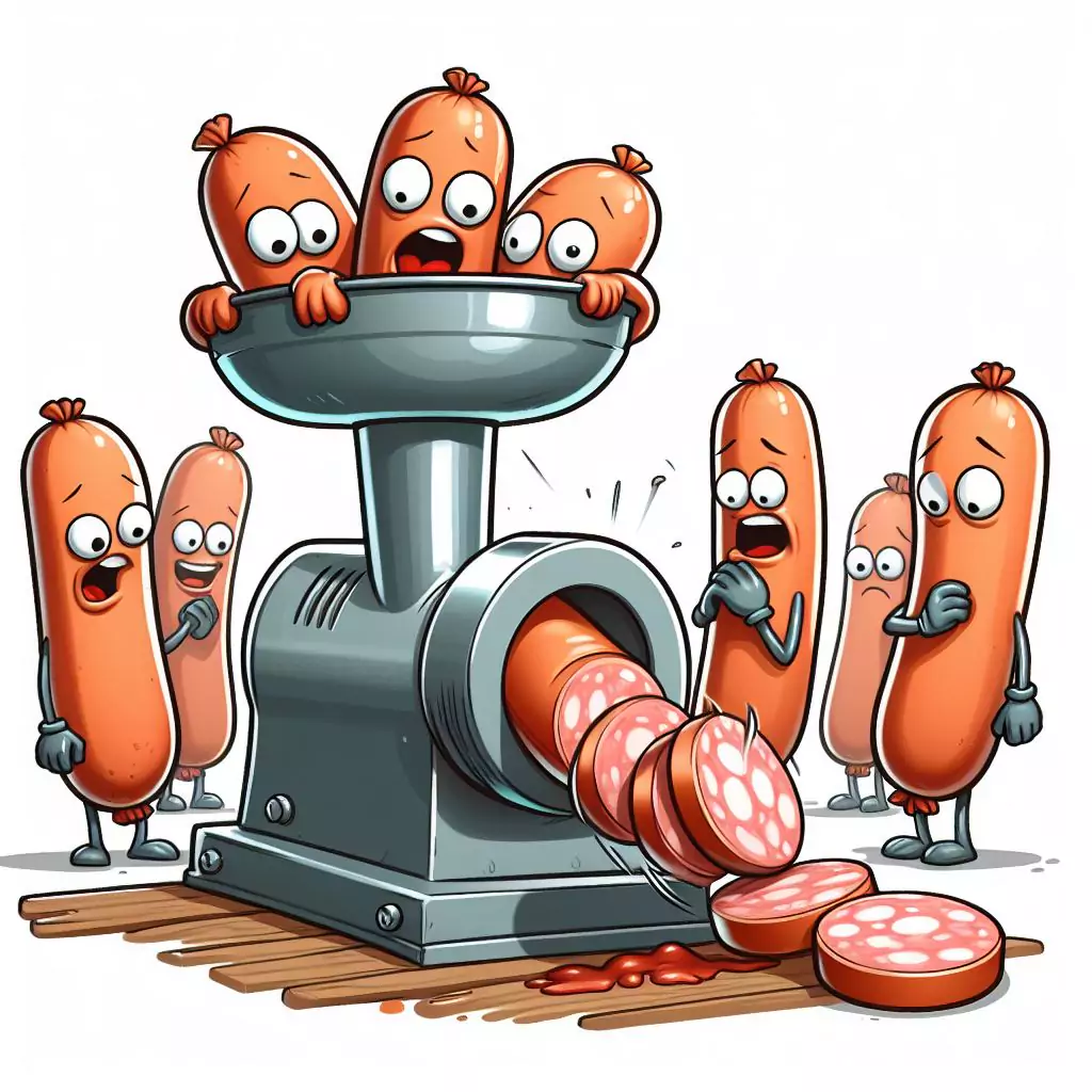 a sausage getting sliced in a meat grinder in front of it's friends