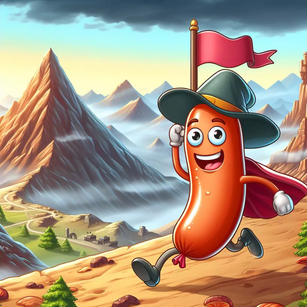 a sausage on an epic adventure