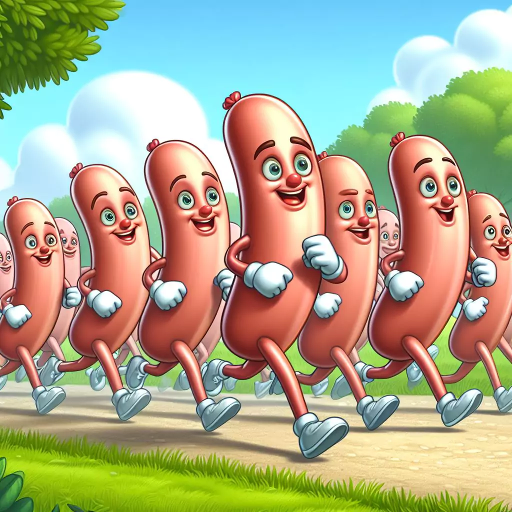 a group of sausages jogging