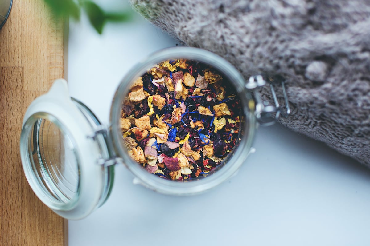 An open jar of tea viewed from above